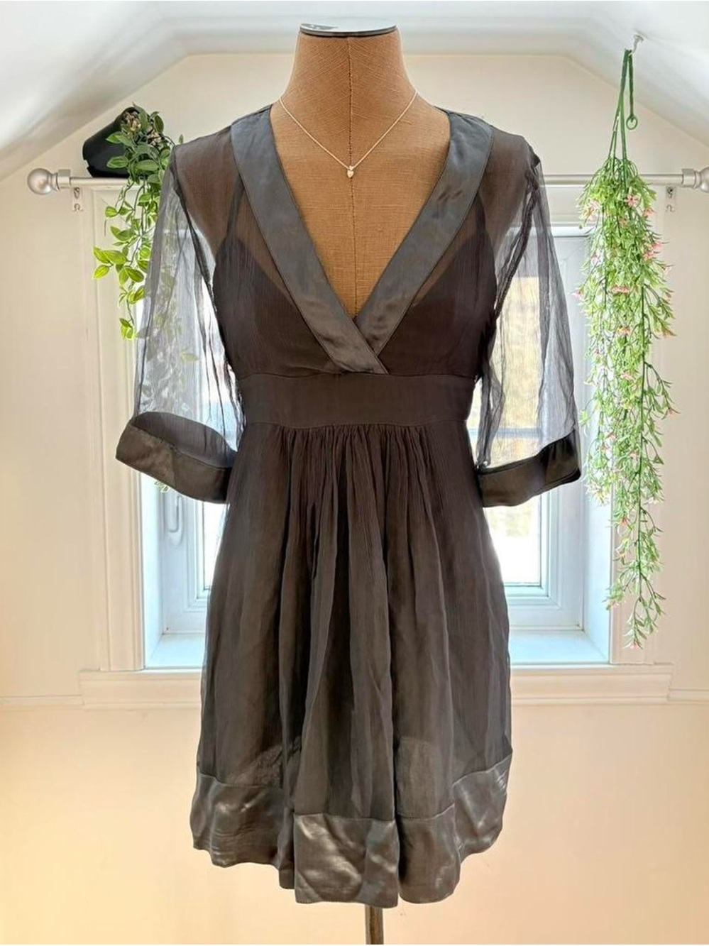V-Neck Sheer Sleeve Midi Dress in Charcoal